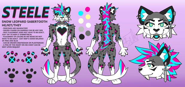 Steele | Existing OC Reference Sheet, Front + Back View + Two Face Closeups